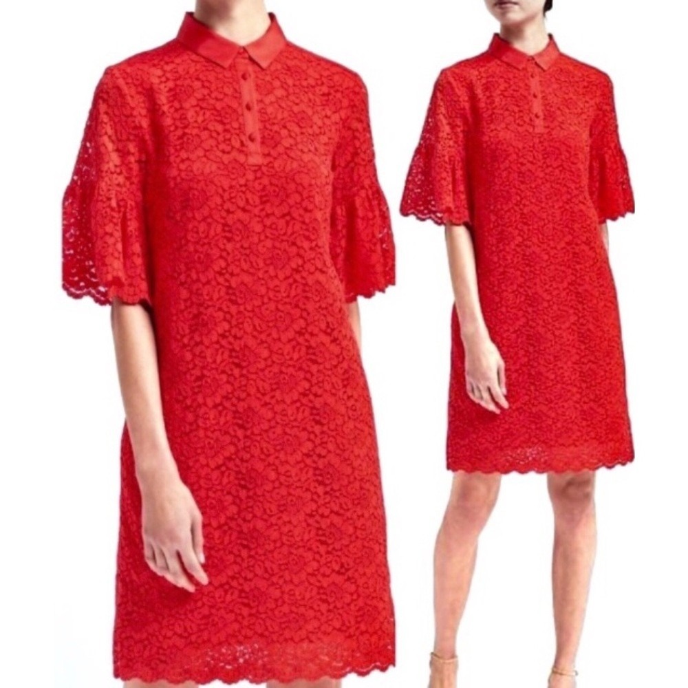 Banana Republic Red Lace Flutter-Sleeve Lace Polo Dress Size M Dark Romantic